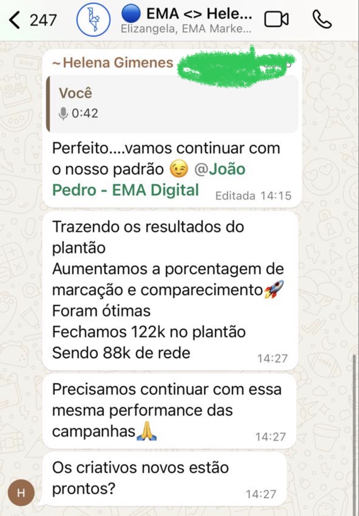 Print WhatsApp Helena Gimenes · R$ 122k